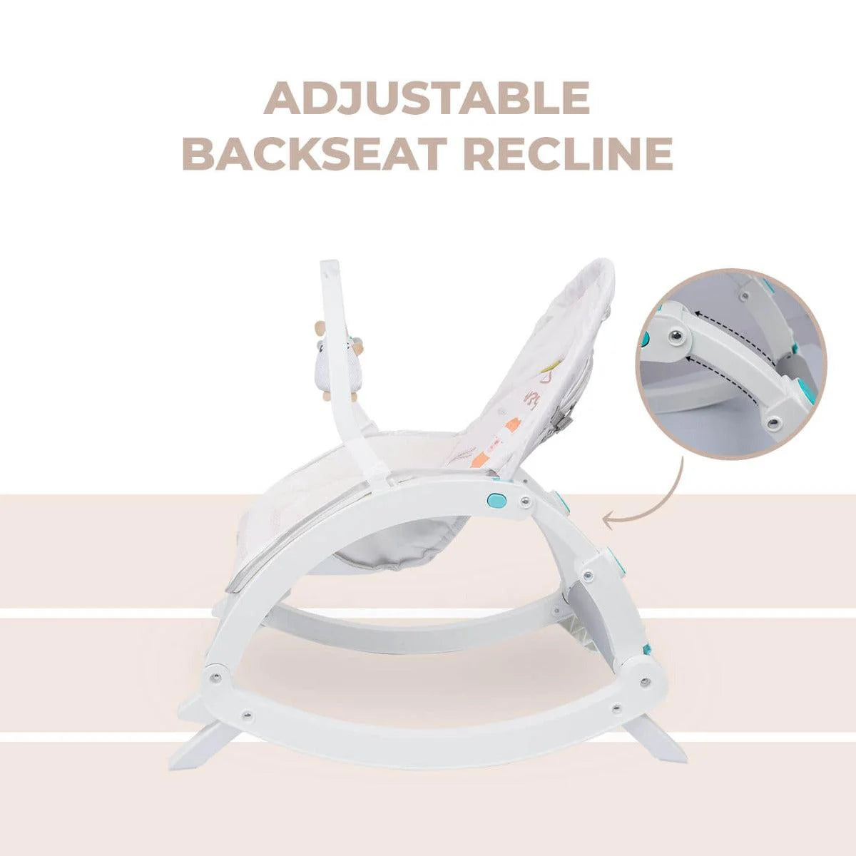 Pink and white R For Rabbit 3-in-1 Rock N Play Rocker and Bouncer, featuring a reclining seat, removable toy arch with dangling toys, and a feeding tray. Suitable for infants and toddlers. From uSmile.toys." www.usmile.toys
